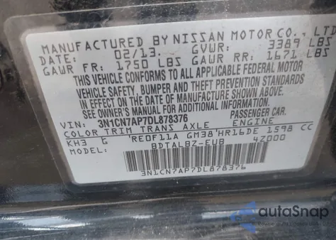 2013 Nissan Versa 1.6 Sv z USA, uszkodzony, nr VIN 3N1CN7AP7DL878376